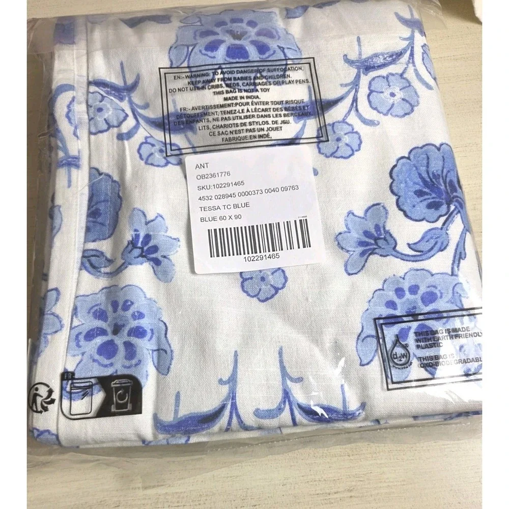 Anthropolgie Tessa Tablecloth 60x90 Blue Floral Cotton Country